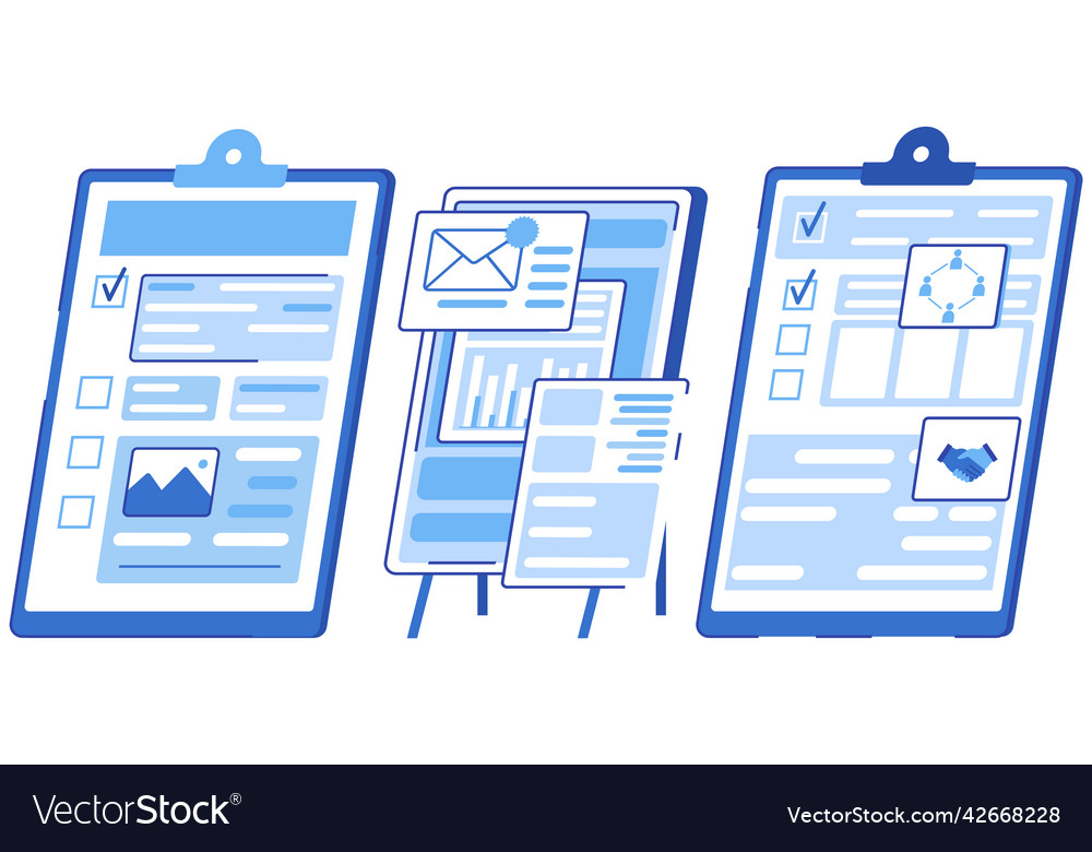 Set of document with graph chart checklist email
