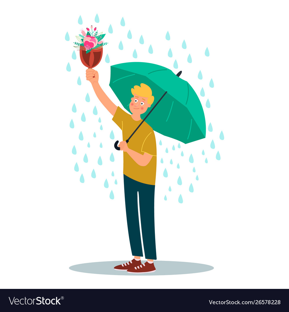 Young man character hold umbrella and bouquet