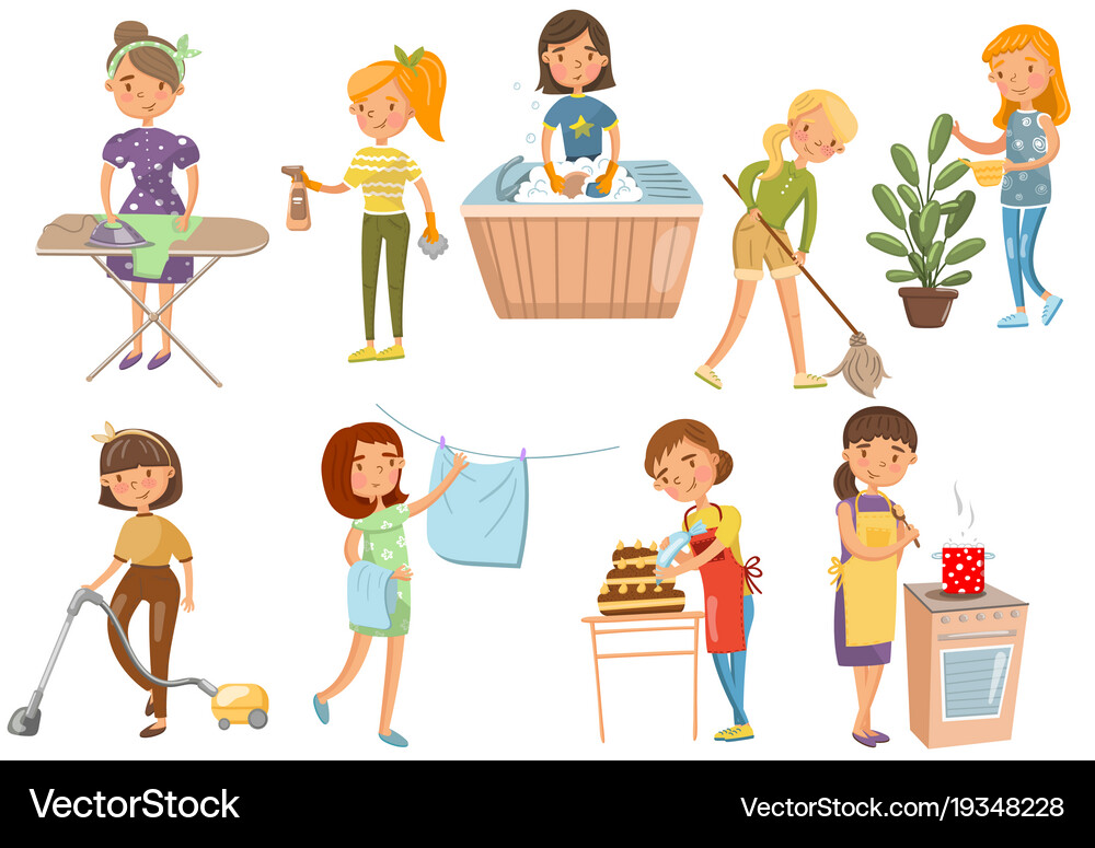 Young woman making different domestic works Vector Image
