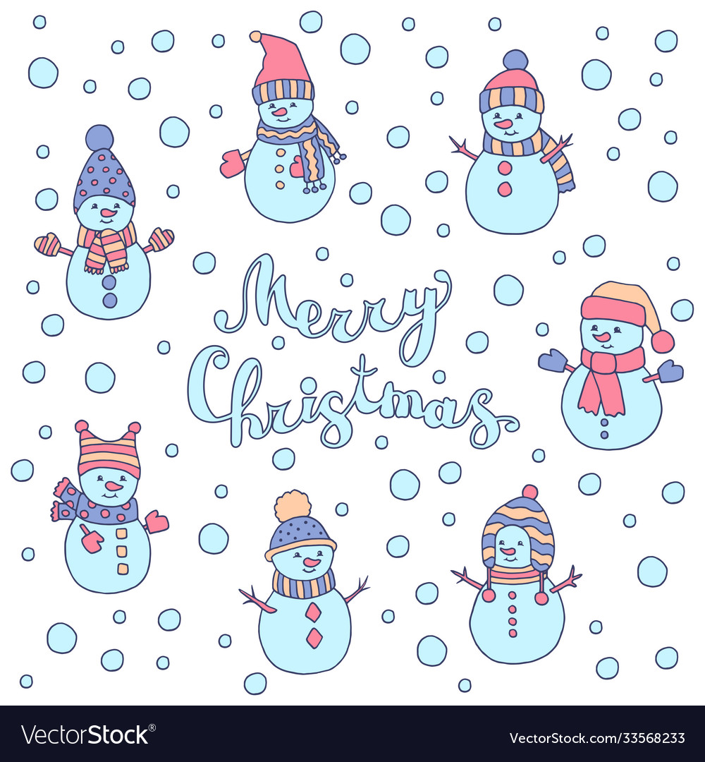 Merry christmas card with cute snowmen on white