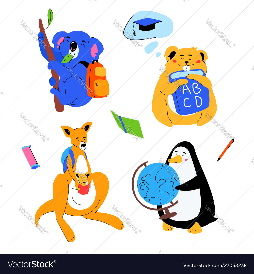 Animals students - flat design style set vector image Animals students - flat design style set