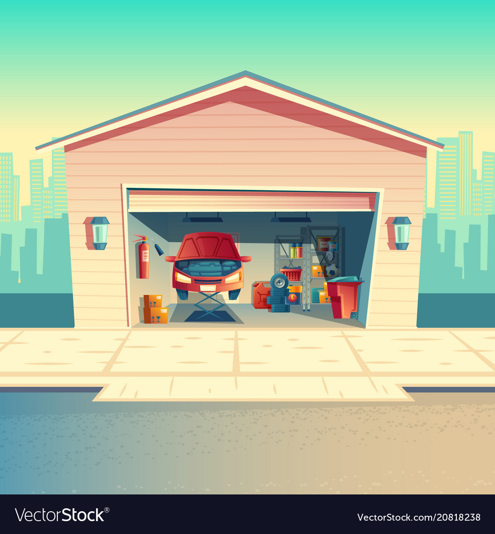 Cartoon mechanic workshop with car garage Vector Image