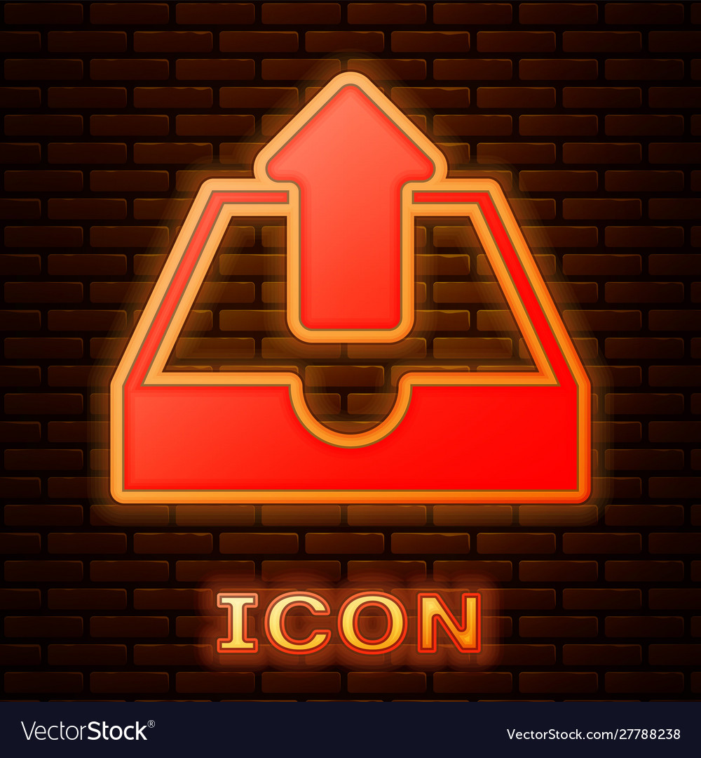 Glowing neon upload inbox icon isolated on brick vector image Glowing neon upload inbox icon isolated on brick