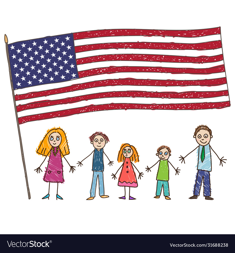 Kids drawing caucasian family with usa flag