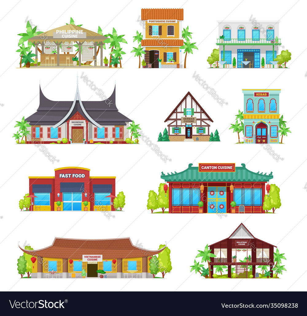 National cuisine restaurants buildings set Vector Image