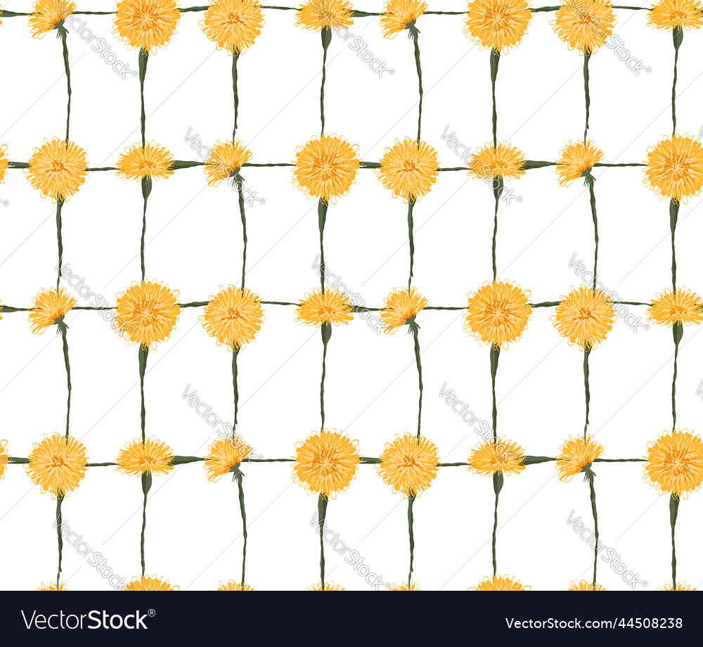 Pattern with sketched yellow dandelions in grid vector image Pattern with sketched yellow dandelions in grid