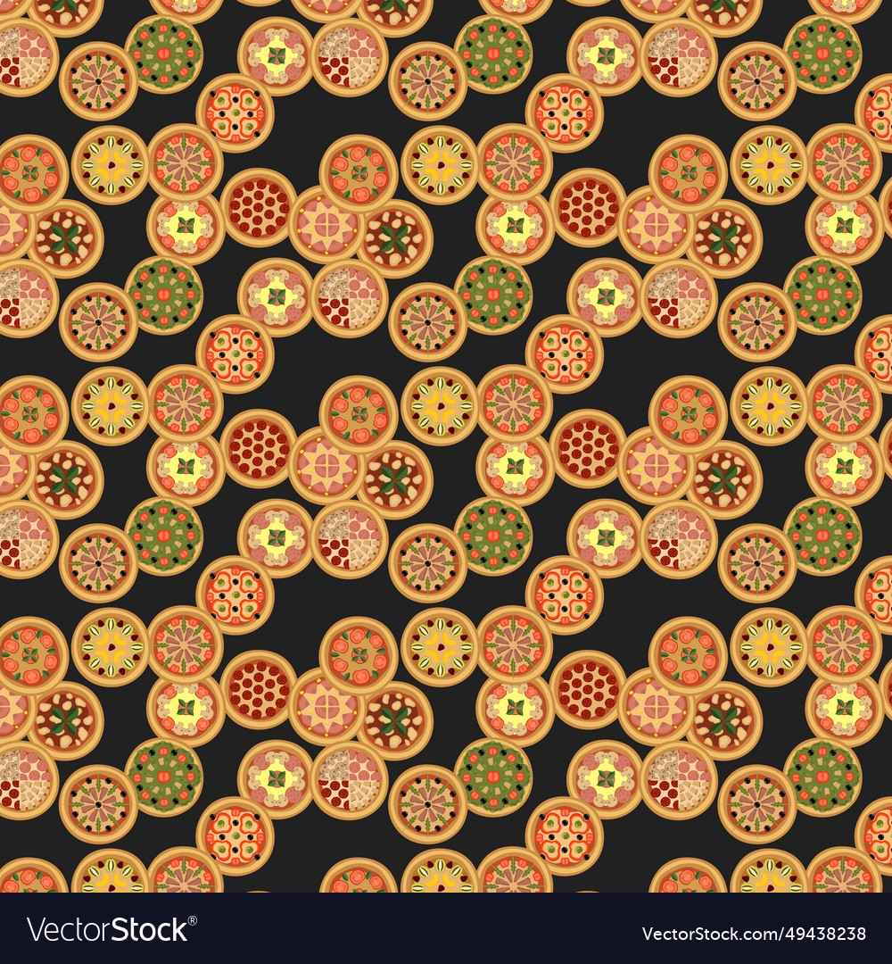 Seamless pattern with various round pizzas lying vector image Seamless pattern with various round pizzas lying