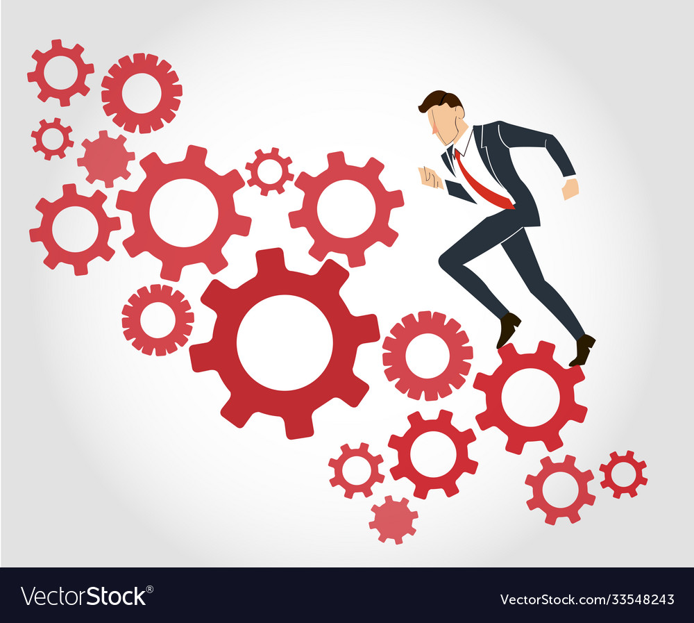 Businessman running with gears and high grape vector image Businessman running with gears and high grape