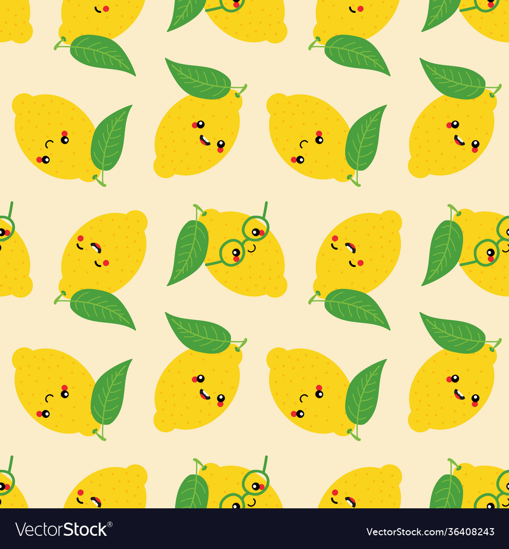 Lemon characters with leaves seamless pattern