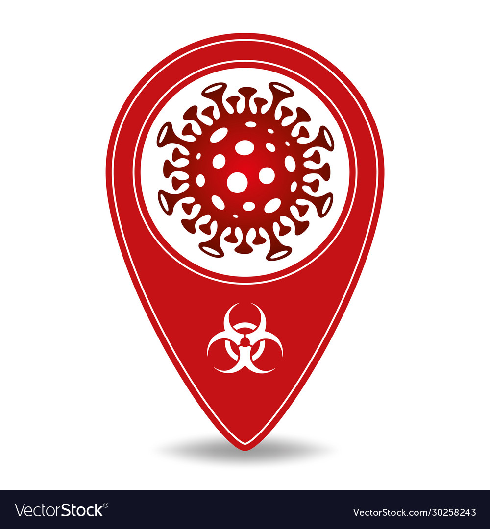 Map pointer with novel corona virus symbol vector image Map pointer with novel corona virus symbol