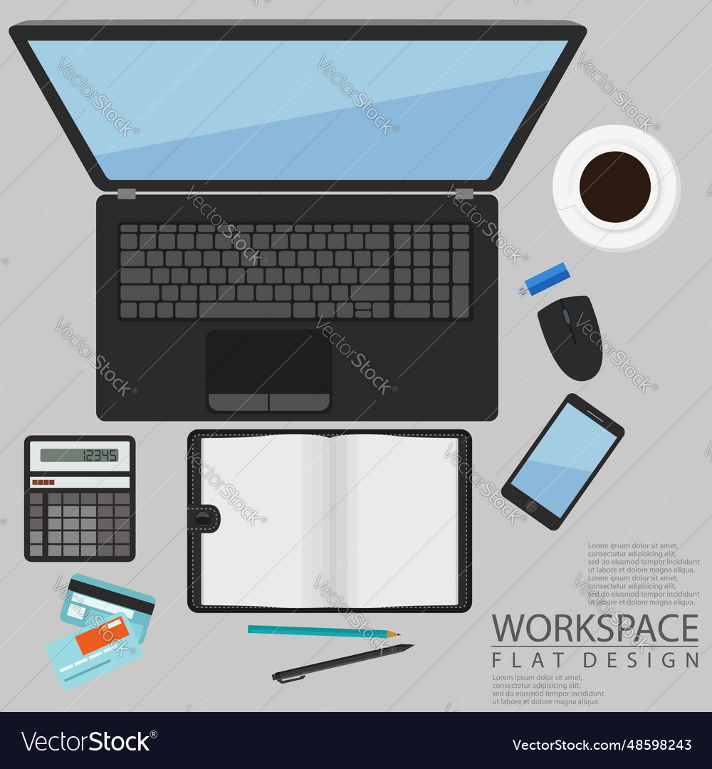 Office workspace computer top view flat design vector image Office workspace computer top view flat design