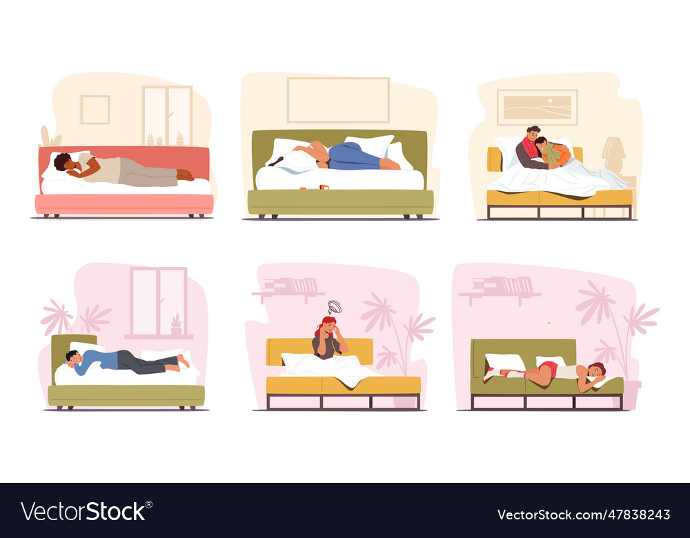 Set of characters lying in bed creating a cozy vector image Set of characters lying in bed creating a cozy