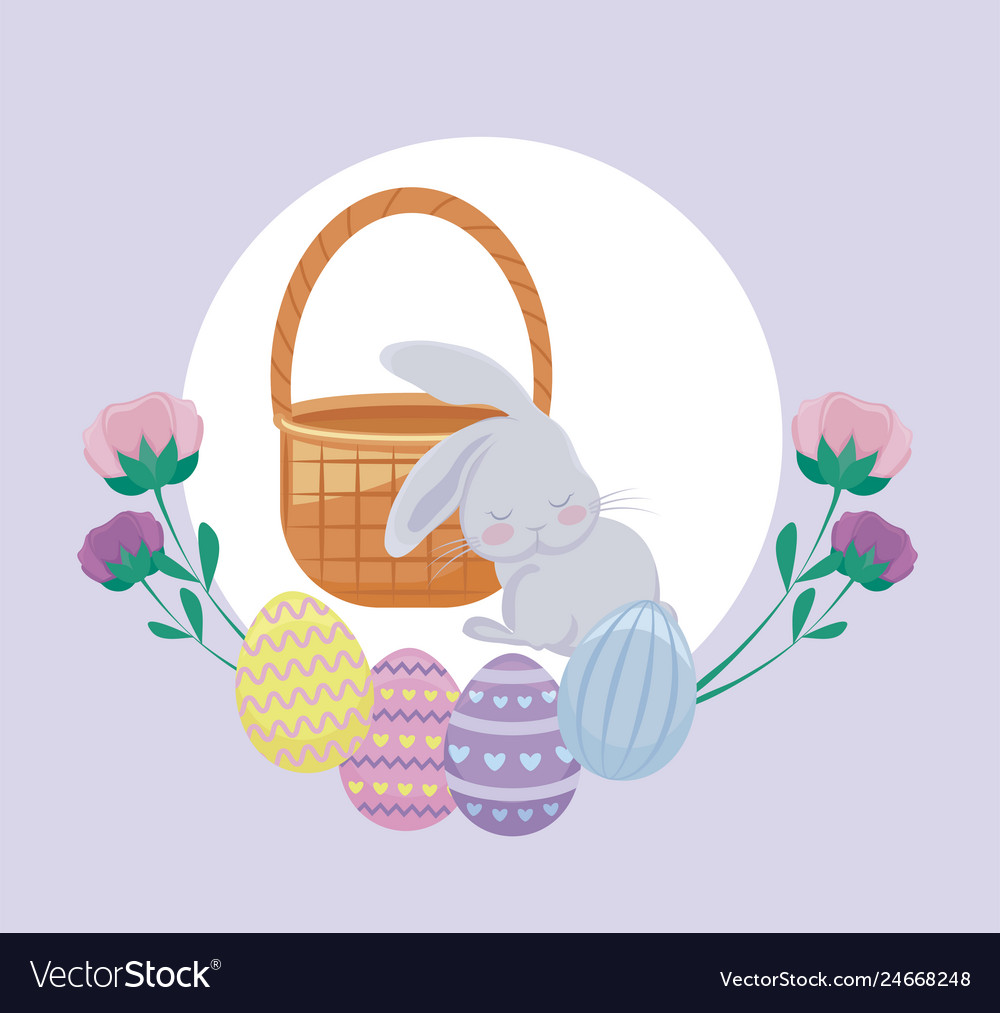 Cute rabbit with eggs of easter and flowers