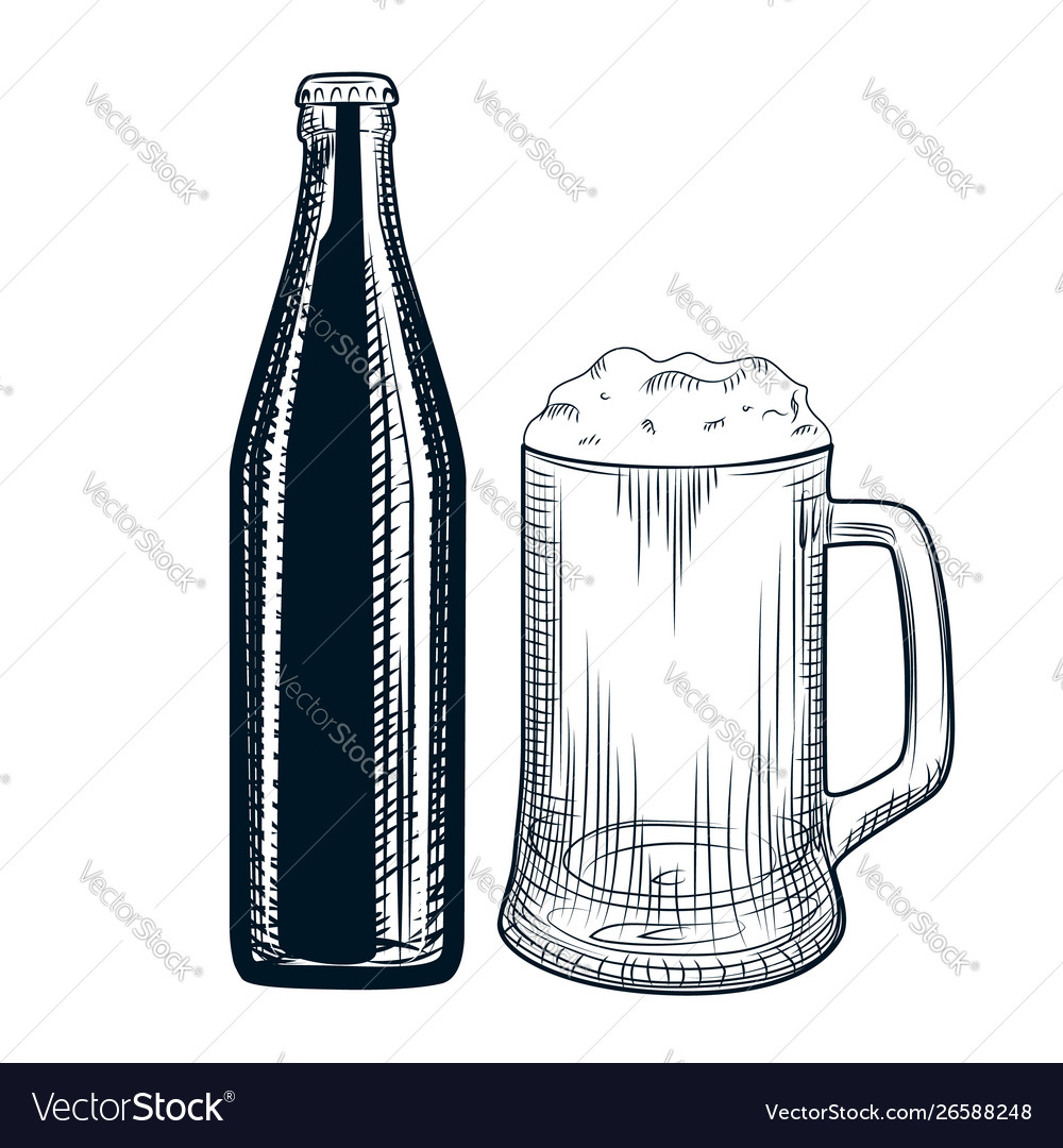 Hand drawn beer bottle and mug engraving Vector Image