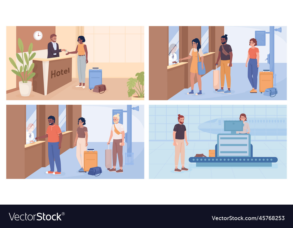 Boarding and check-in flat color set vector image Boarding and check-in flat color set