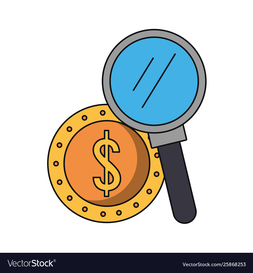 Magnifying glass searching coin money cartoons