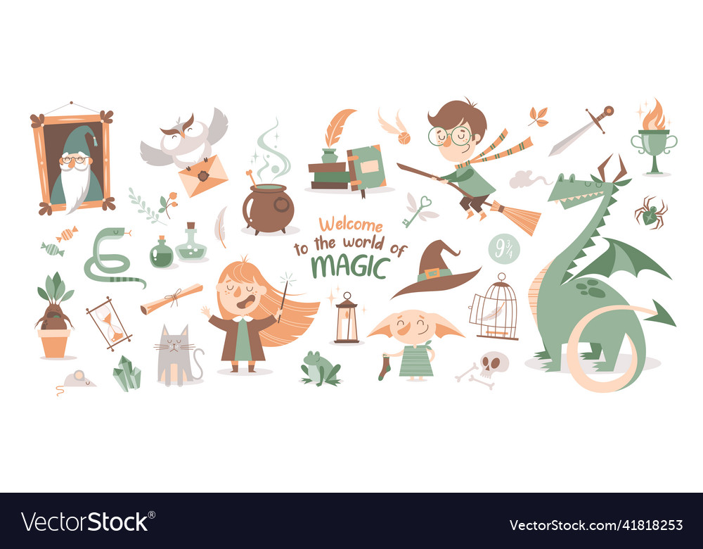 Set of cartoon magical and witchcraft isolated ele