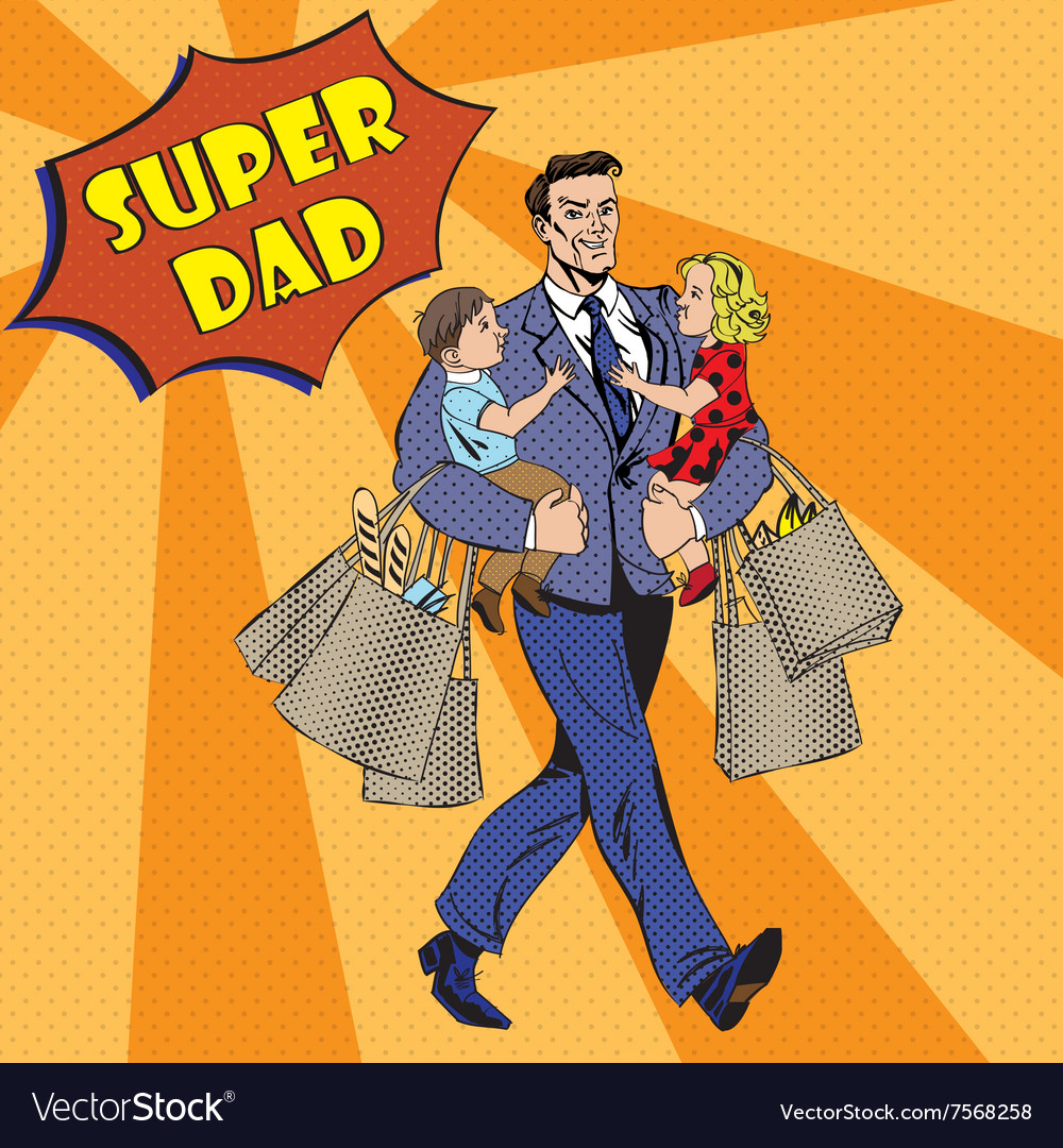 Super dad with kids on his hands and shopping bags