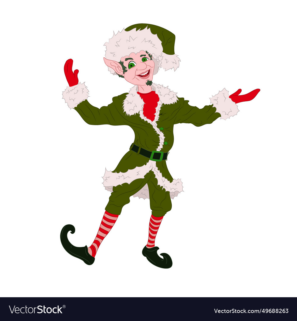 Christmas Elf Santa Assistant In Fur Coat Vector Image