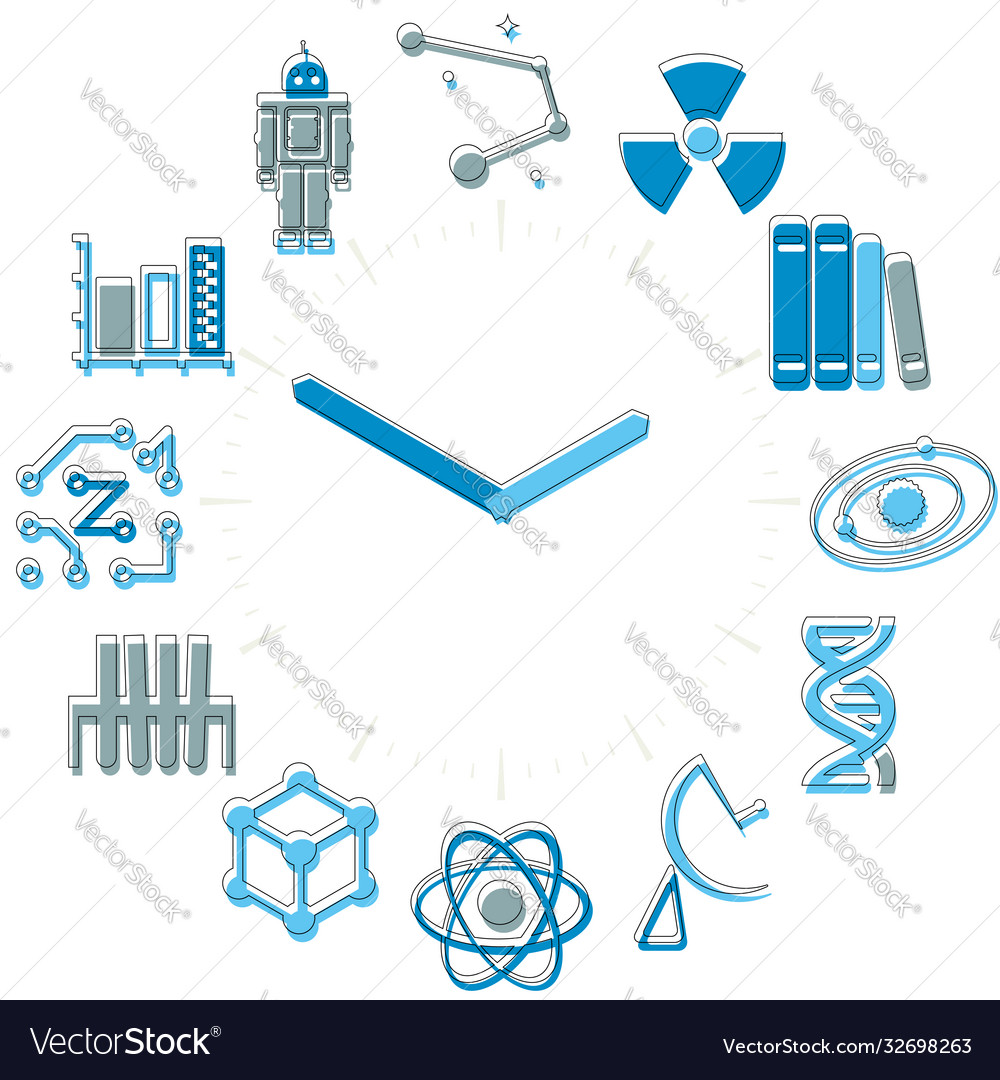 Wissenschaft Zeit Aktivitäten Icons in einer Uhrensphäre