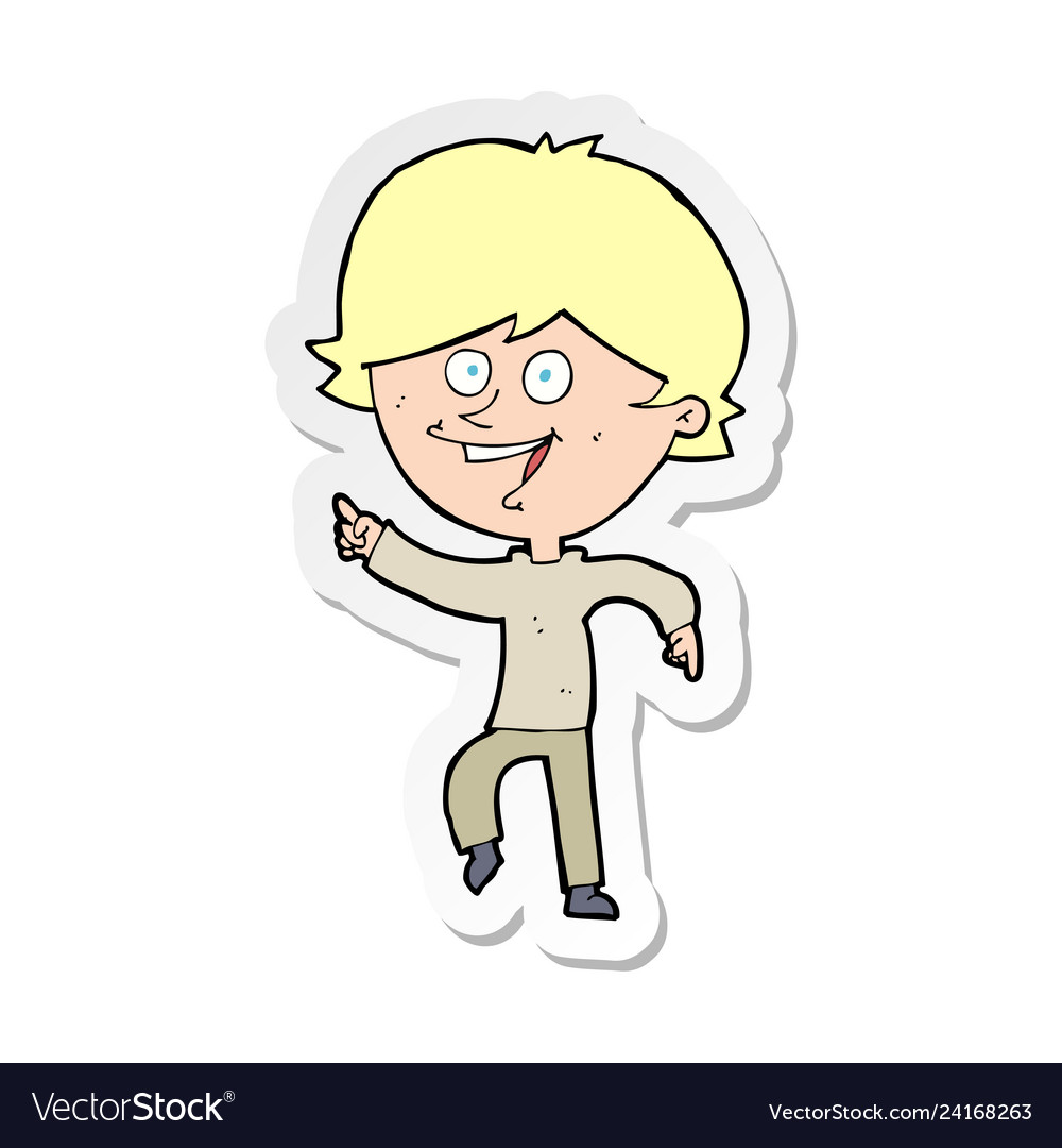 Sticker of a cartoon happy pointing man