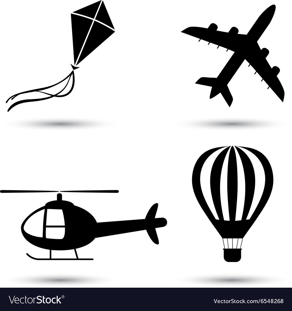 Airplane helicopter air balloon and kite