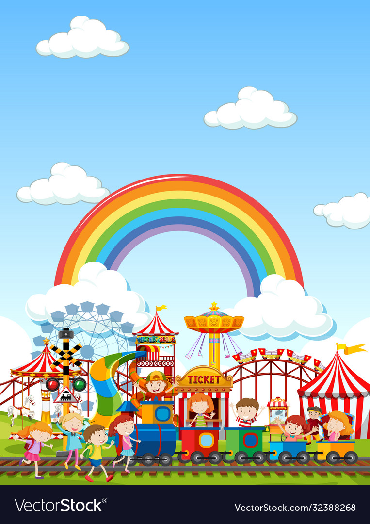 Amusement park scene at daytime with rainbow