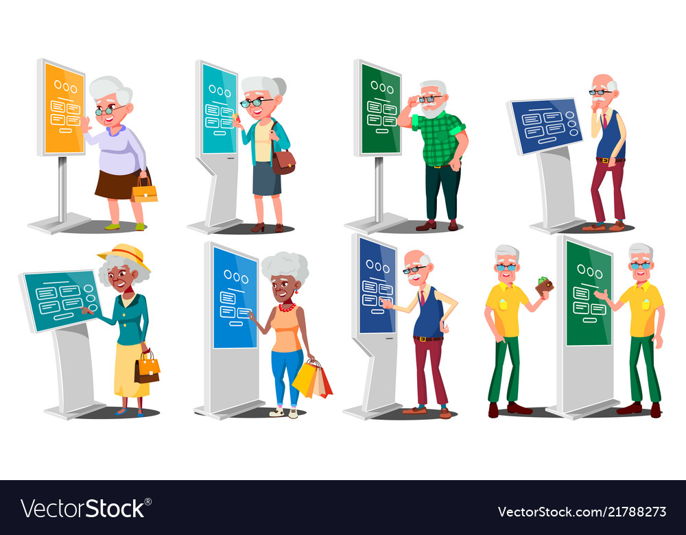 Old people using atm digital terminal man