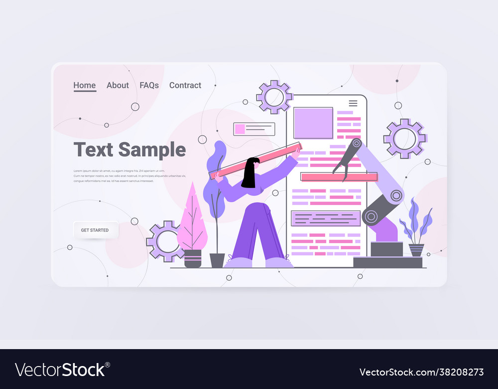 Woman developer with robotic hand creating mobile vector image Woman developer with robotic hand creating mobile