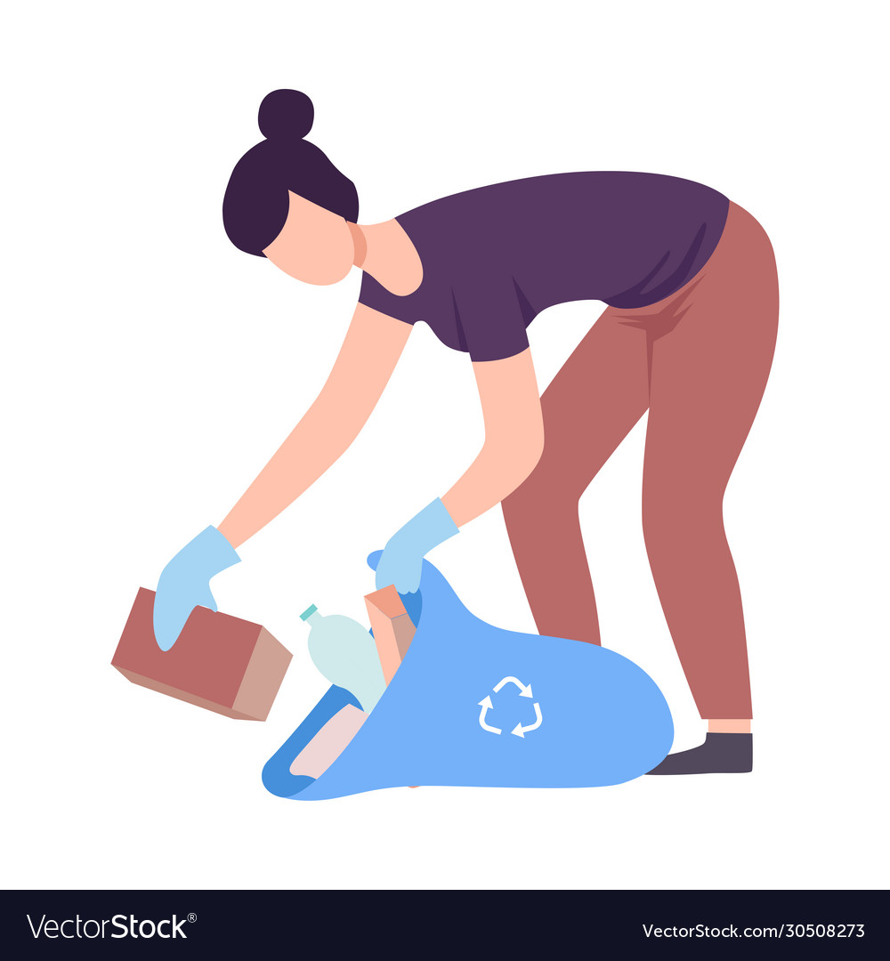 Young woman collecting trash into plastic bag