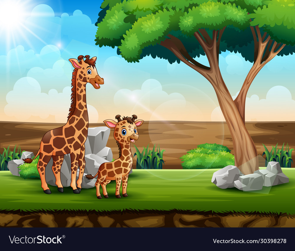 A giraffe with her cub in savanna field