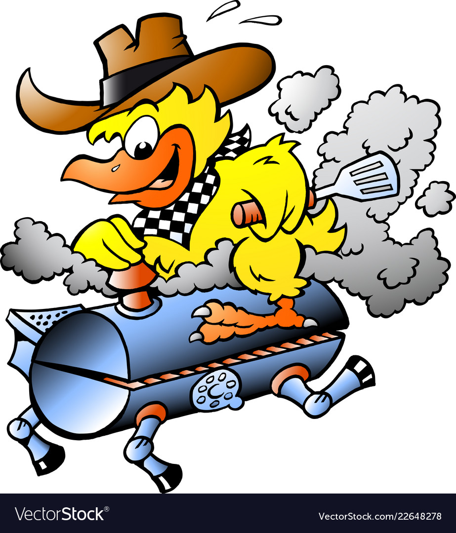 Cartoon an yellow chicken riding a bbq grill Vector Image