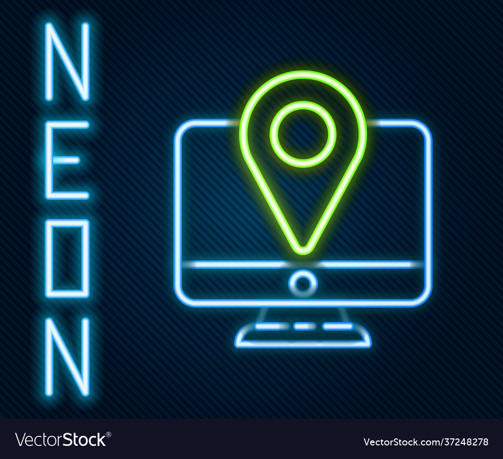 Glowing neon line computer monitor and folded map vector image Glowing neon line computer monitor and folded map