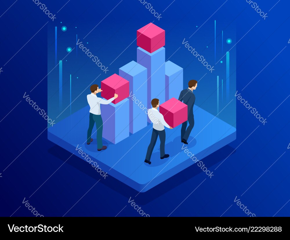 Isometric business team doing data analysis Vector Image