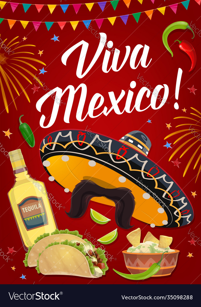 Viva mexico banner with mexican food and sombrero Vector Image