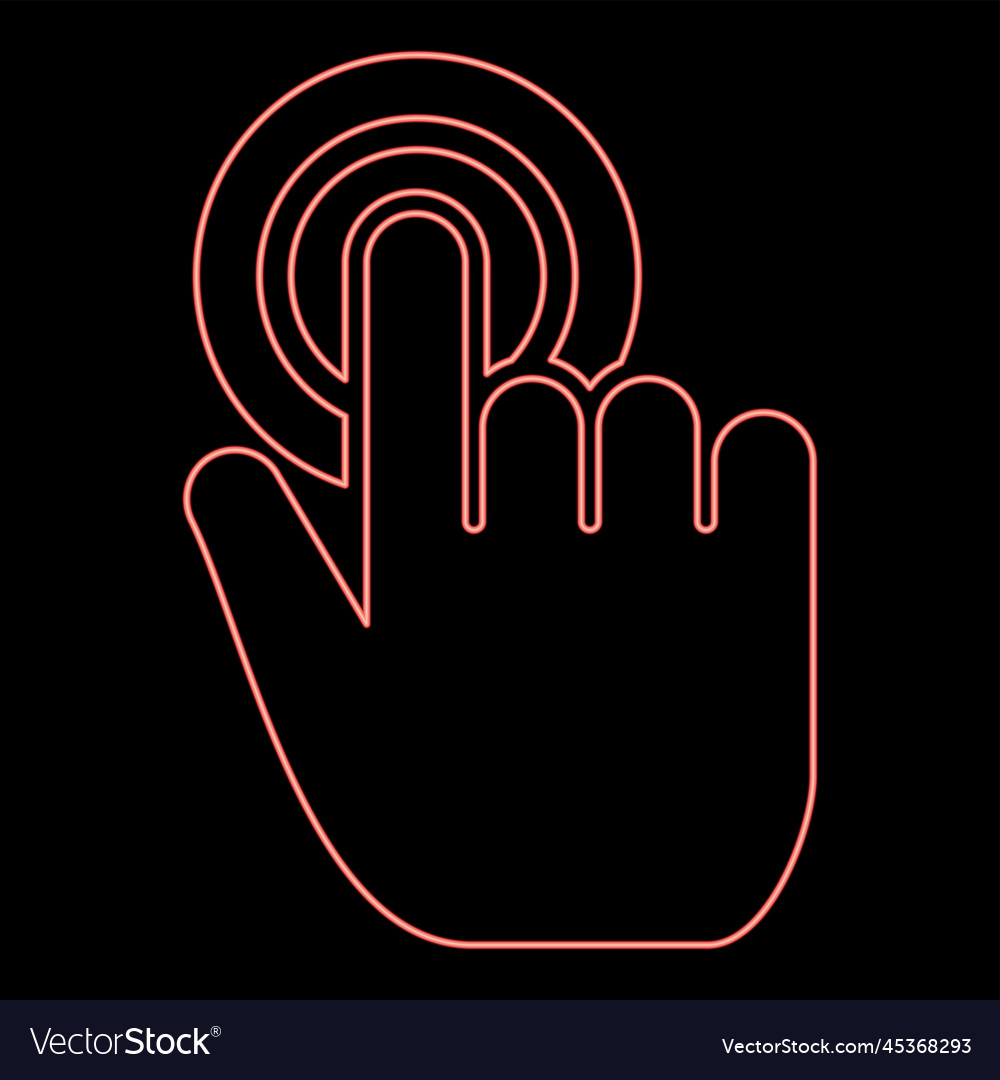 Neon click on button hand cursor touch screen red vector image Neon click on button hand cursor touch screen red