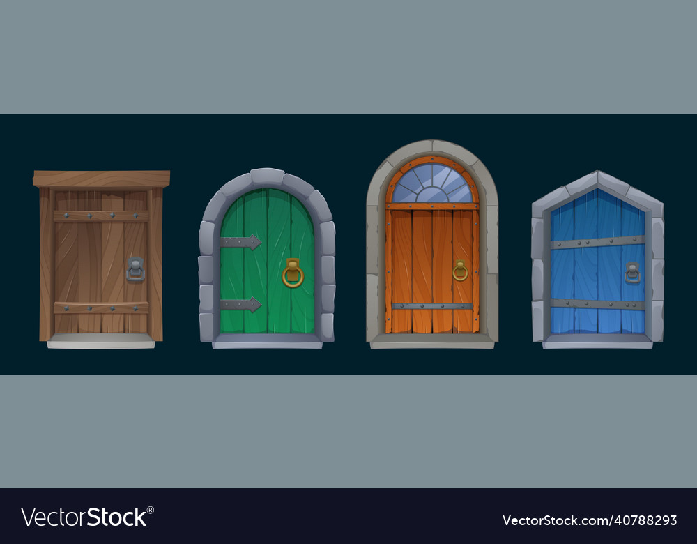 Closed front doors with stone frame for building facade. Vector cartoon set  of house entrance, red, brown and blue wooden doors with knobs and windows  isolated on white background Stock Vector Image