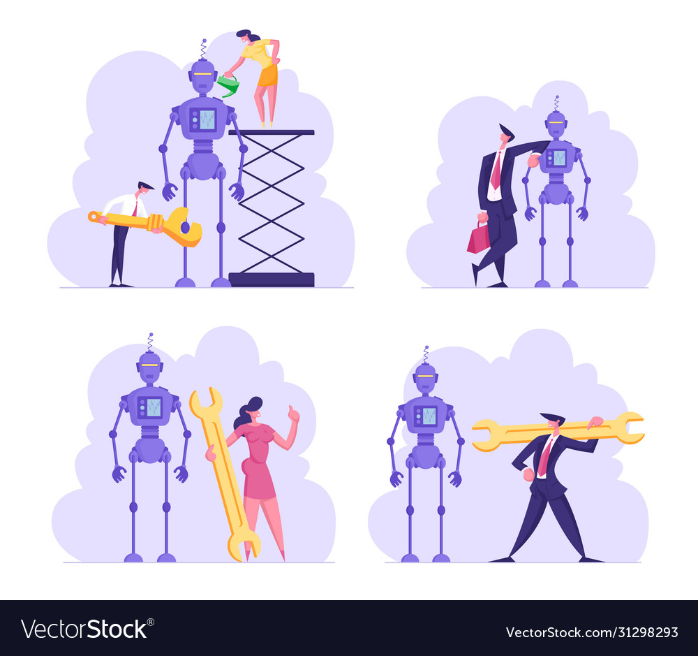 Set cyborg creating process engineers or business vector image Set cyborg creating process engineers or business