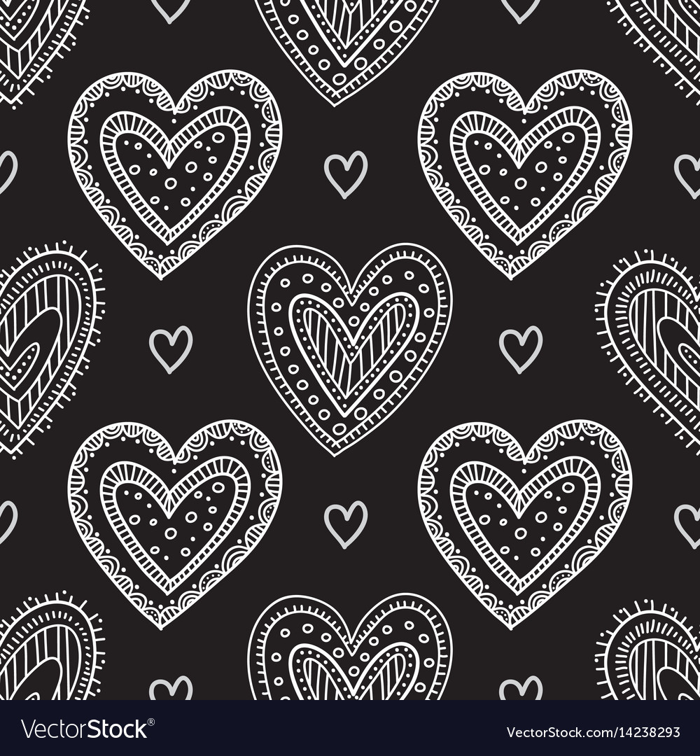 White boho ornamental hearts on black background Vector Image