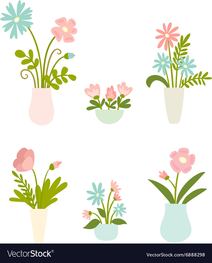 Isolated set of flowers in vases