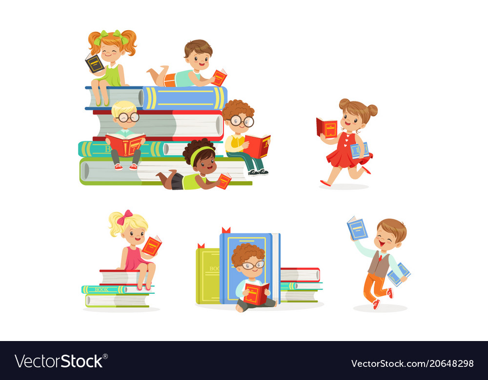 kids reading books and enjoying literature set of child literature books