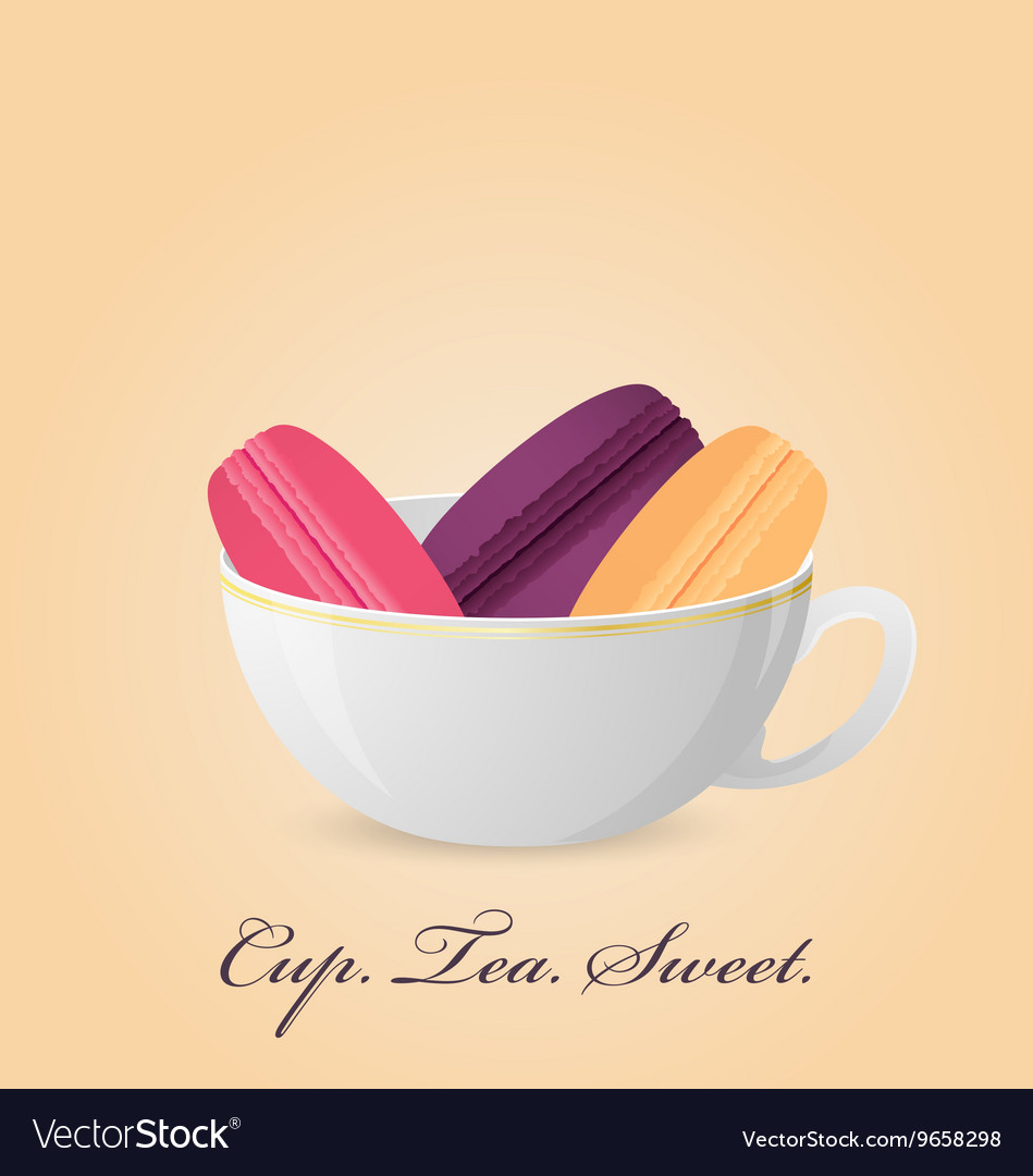 Poster with color french macaroons inside cup