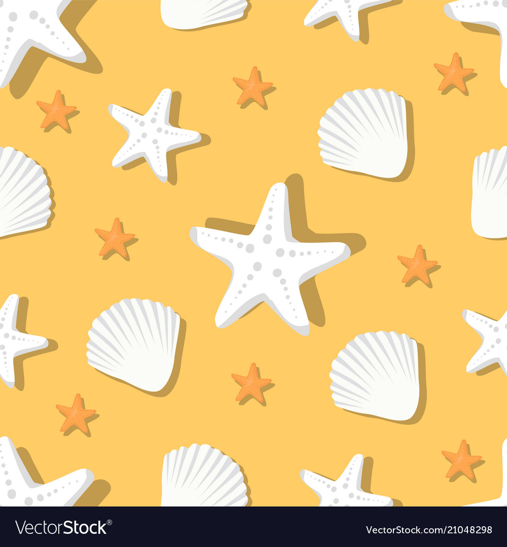 Seamless pattern with marine shells and starfish