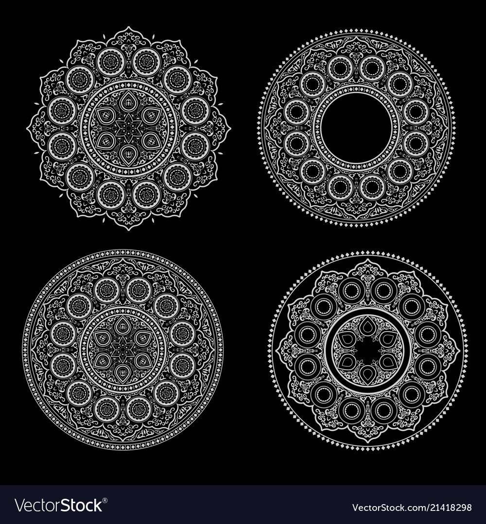 Set of ethnic delicate white lace mandala on black vector image Set of ethnic delicate white lace mandala on black