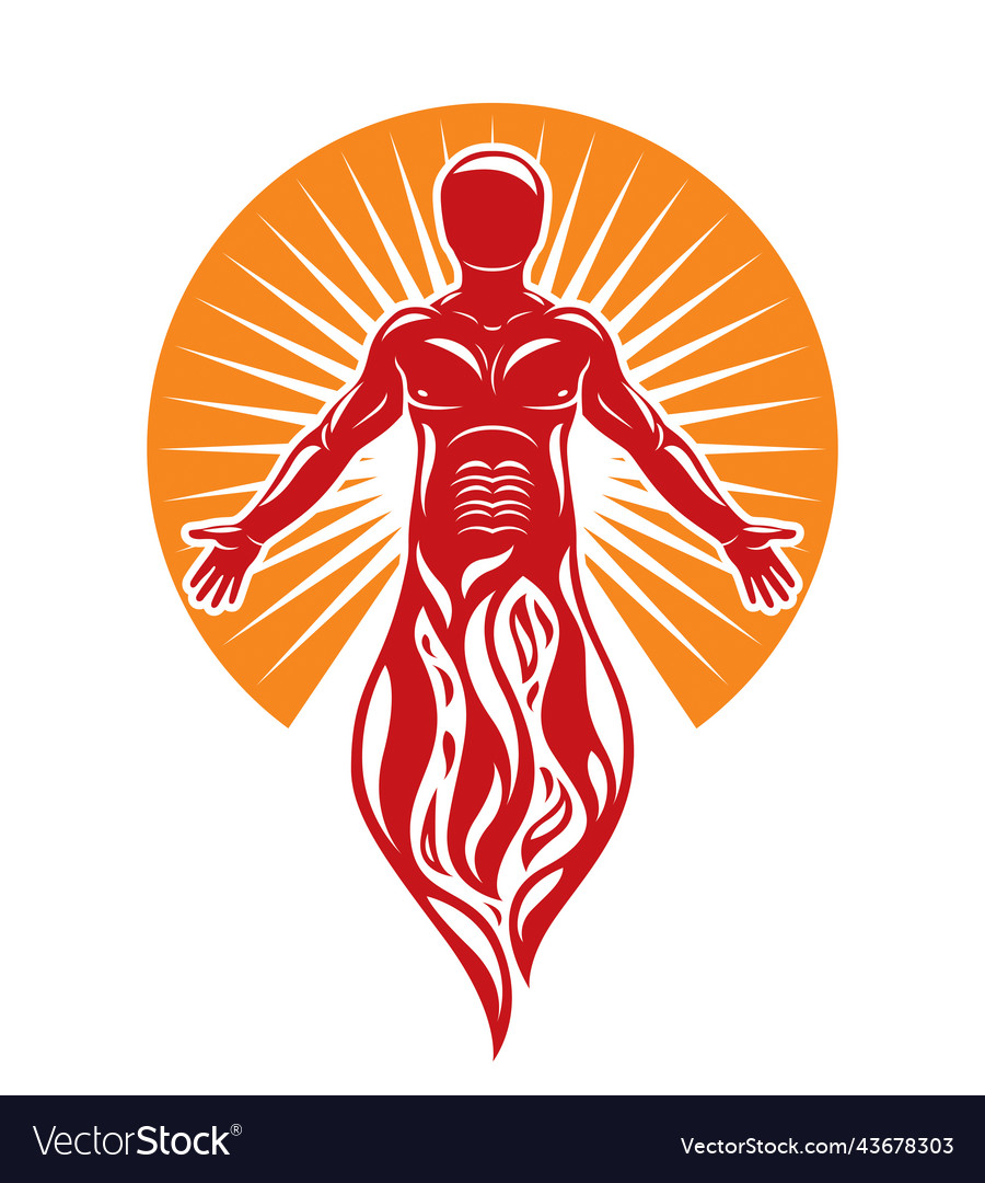 Graphic of muscular human self the sun god fiery Vector Image