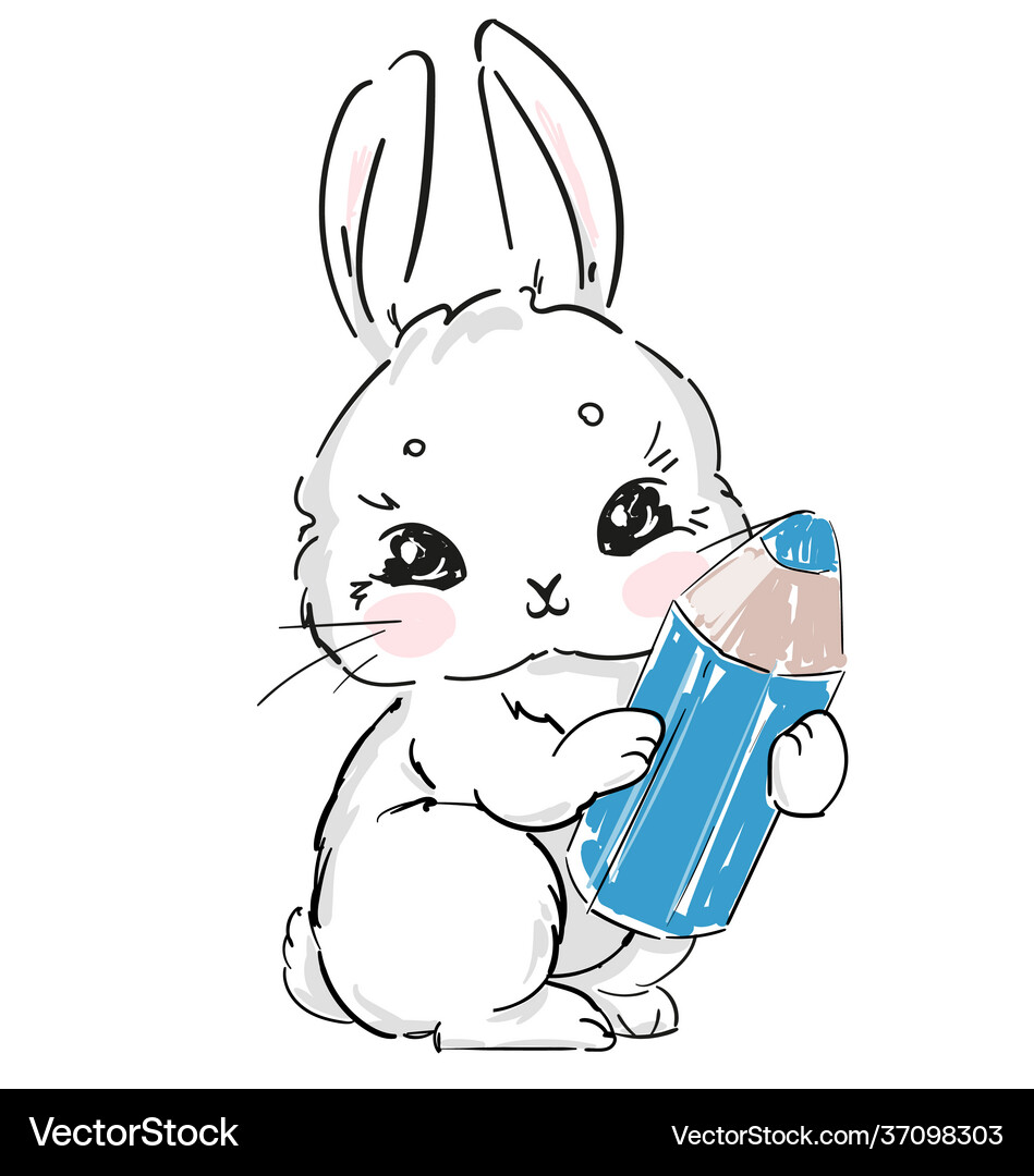 Hand drawn cute rabbit holding a pencil print Vector Image