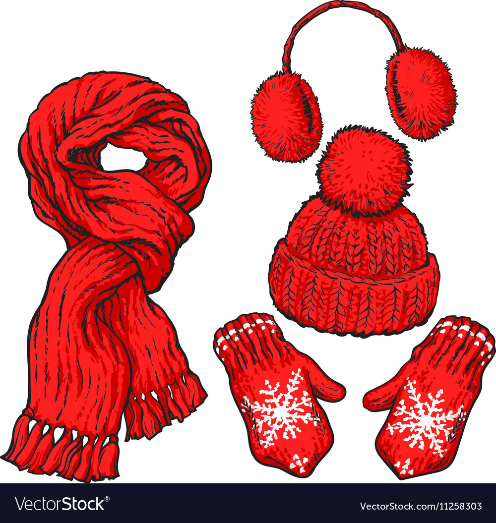 Set of red knotted scarf hat ear muffs