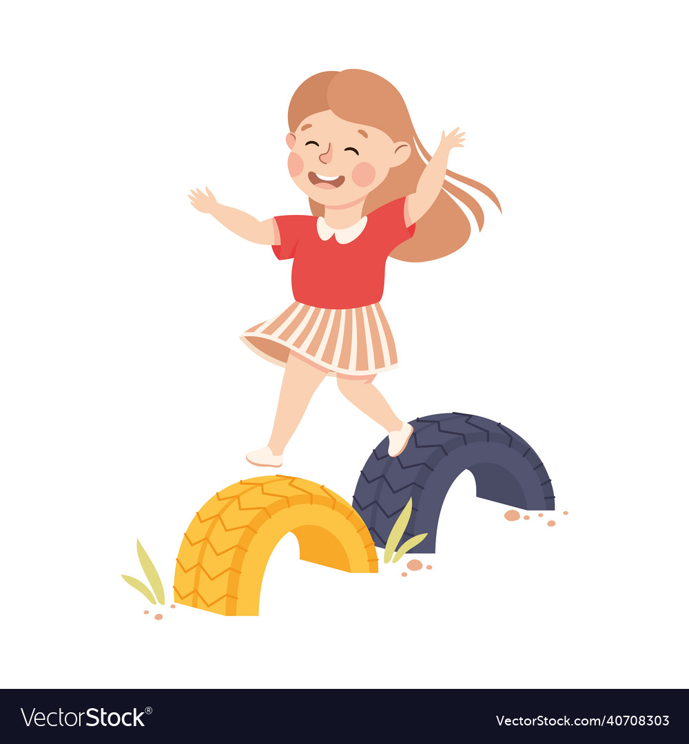 Smiling girl jumping on tyre playing and having Vector Image
