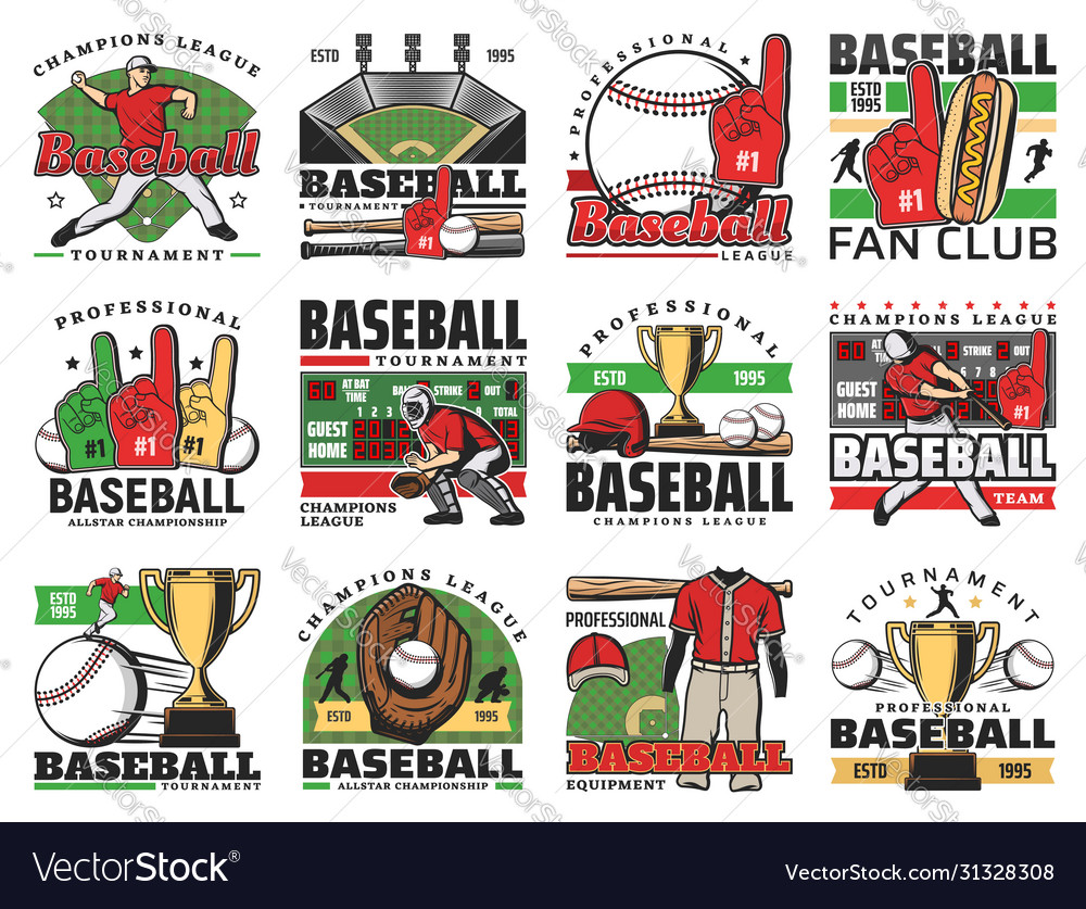 Baseball sport game icons with balls bats and cup Vector Image