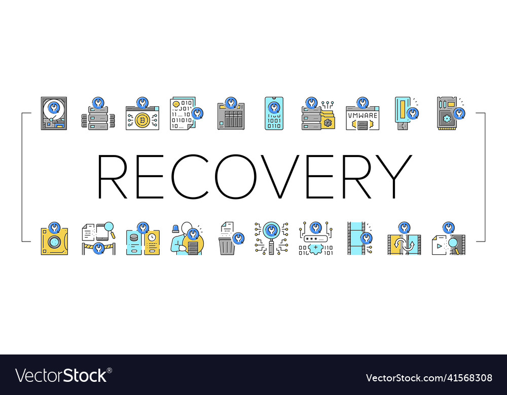 Data recovery computer processing icons set vector image Data recovery computer processing icons set